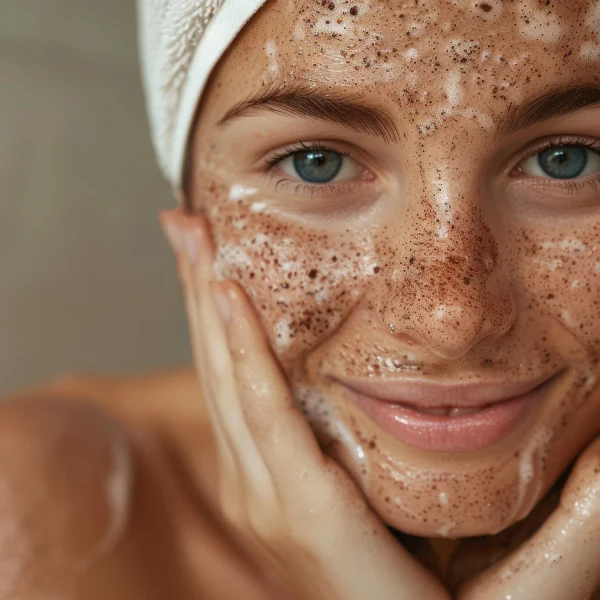 Femme à la peau brune avec une serviette sur la tête, prête à utiliser un exfoliant pour le corps.