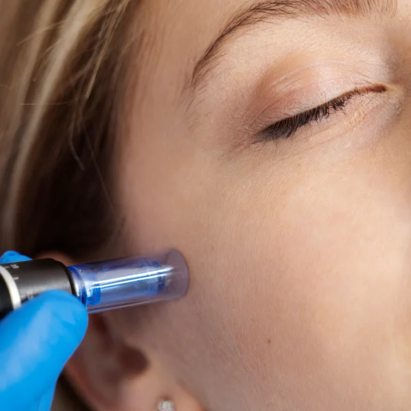 Une femme reçoit un traitement facial avec un appareil bleu pour la microdermabrasion.