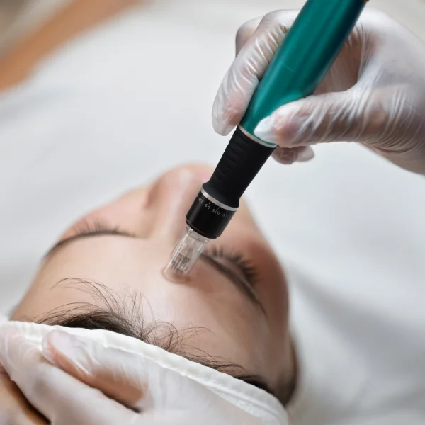 Une femme reçoit un traitement facial avec un appareil de microneedling, montrant les résultats avant et après une séance.